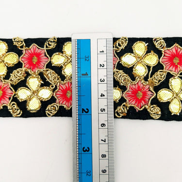 Black Art Silk Fabric Trim, Salmon Pink & Gold Floral Embroidery Gota Patti Indian Sari Border Trim By Yard Decorative Trim Craft Lace